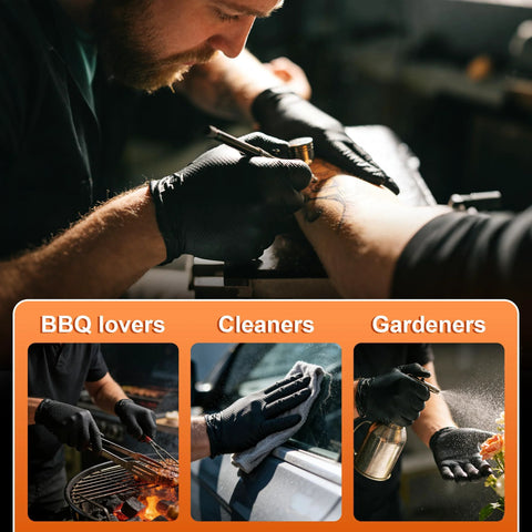 Black 10mil nitrile gloves; close-up of hands using a precision tool.