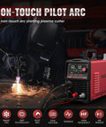 Non-touch Pilot Arc Plasma Cutter in use, red 50A machine with LED display, cutting metal in workshop, dual voltage for home shops.
