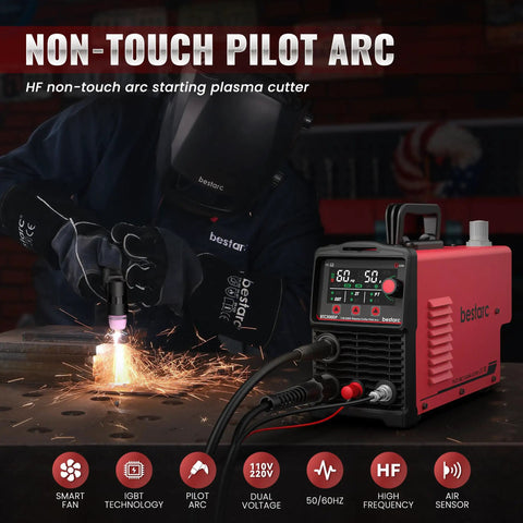 Non-touch Pilot Arc Plasma Cutter in use, red 50A machine with LED display, cutting metal in workshop, dual voltage for home shops.