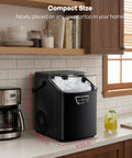 Nugget Ice Maker Countertop With Handle Ready In Four Minutes Produces Up To Forty Pounds Per Day Chewable Sonic Ice Self Cleaning Portable Ice Maker With Basket And Scoop For Home Party RV Camping Black on kitchen counter showing dimensions.