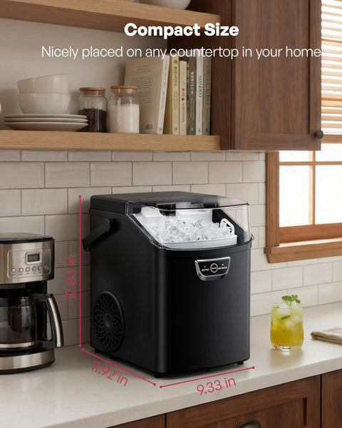 Nugget Ice Maker Countertop With Handle Ready In Four Minutes Produces Up To Forty Pounds Per Day Chewable Sonic Ice Self Cleaning Portable Ice Maker With Basket And Scoop For Home Party RV Camping Black on kitchen counter showing dimensions.