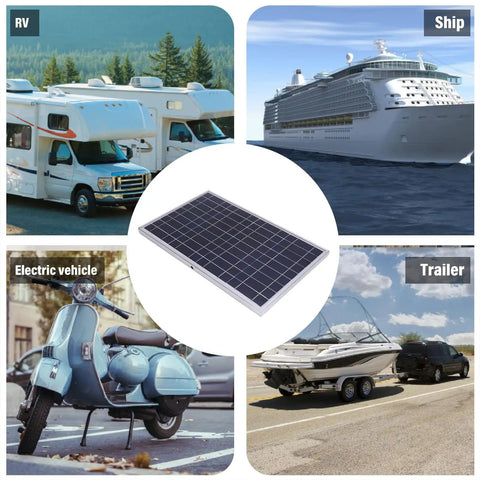 100W 12V Solar Panel Kit With Controller For Travel And Outdoor Use IP67 Waterproof Portable Monocrystalline Solar Panel displaying multiple uses