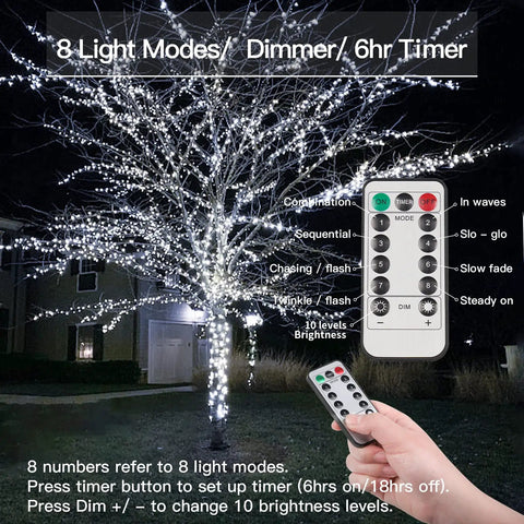 66Ft 200 LED Outdoor String Lights With Battery Pack And Remote Waterproof Fairy Lights on tree at night, remote visible