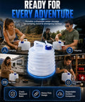 Ultra Compact Collapsible Water Container With Spigot For Camping And Travel 5L shown used for camping and RV trips.