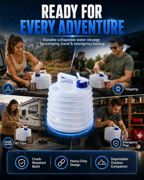 Ultra Compact Collapsible Water Container With Spigot For Camping And Travel 5L shown used for camping and RV trips.