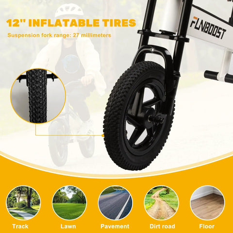 Electric Balance Bike For Kids 12 Inch Pneumatic Tires With 150W Peak Motor And 24V Battery 6 Mile Range Suspension Fork Adjustable Seat Kid Friendly Learn To Ride Toy For Ages 3 To 8 front wheel with 12-inch inflatable tire and suspension fork
