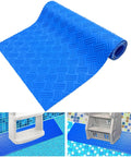 Blue 36 Inch By 9 Inch Non Slip Pool Ladder Pad Mat With Protective Cushion Between Ladder Base And Pool Liner, shown rolled and installed