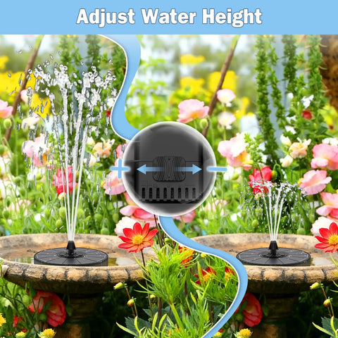 Dope Solar Powered Glass Fountain Pump with 2000mAh Battery in garden setting showing adjustable water height feature