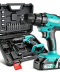 20V Cordless Drill Kit With One Battery And Charger, Three Eighths Inch Keyless Chuck, Dual Speed Settings 0 To 350 And 0 To 1300 RPM, Beefy 266 Inch Pounds Torque, 25 Plus 1 Clutch, Includes 34 Piece Power And Driver Bit Set shown with case