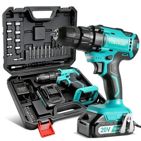 20V Cordless Drill Kit With One Battery And Charger, Three Eighths Inch Keyless Chuck, Dual Speed Settings 0 To 350 And 0 To 1300 RPM, Beefy 266 Inch Pounds Torque, 25 Plus 1 Clutch, Includes 34 Piece Power And Driver Bit Set shown with case