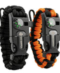 Tactical Paracord Compass Survival Bracelet Set With Fire Starter Kit and Whistle in black and orange for outdoor use