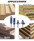 Image showing Must Have Four Piece Router Bit Set With One Quarter Inch Shank Tungsten Carbide Tips and wood applications like MDF, plywood, solidwood, particle board.