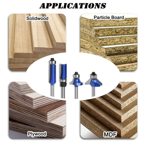 Image showing Must Have Four Piece Router Bit Set With One Quarter Inch Shank Tungsten Carbide Tips and wood applications like MDF, plywood, solidwood, particle board.