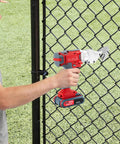 Get Ready To Rock This Bad Boy With A Super Sleek 21V Cordless Brushless Electric Metal Shear featuring durable chrome vanadium steel blades cutting through a chain-link fence.