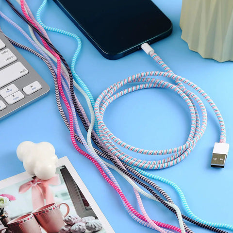 No Chew Spiral Cable Protectors For Pets 43.3 Inch Cord Guards in Bright Colors around phone charger and USB wires