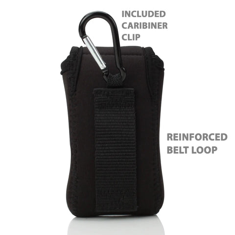 Laser Measurement Tool Holster With Soft Neoprene Case, Belt Loop And Carabiner Clip, Drop Protection For Digital Measuring Tapes, Travel Case For Bosch GLM Blaze DTAPE DT50 Mileseey And More. Black neoprene holster with carabiner clip and reinforced belt loop