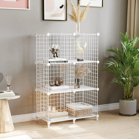 Wire Cube Storage Organizer 6 Cube Shelves Metal Bookshelf in white finish, displaying decor in modern room setting