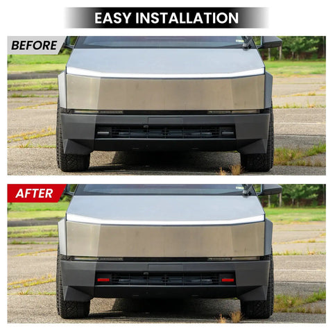Before and after installation of Tesla Cybertruck Tow Hook Covers Front Hitch Cover For 2024 2025 2026 Models Red Premium Quality