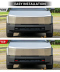 Before and after installation of Custom Dope Tow Hook Covers For Tesla Cybertruck Front Hitch Cover Orange 2024 2025 2026 Fit