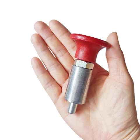 Top Shelf Heavy Duty Spring Loaded Pull Pin Featuring Smooth Glide Red T Handle And Extended Black Tie Rod Knob Built Like A Tank With Welded Steel Barrel Half Inch Plunger Diameter Perfect For Chassis Pipe Connectors No Sweat Swapping Included in hand