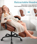 Woman relaxing on built for big and tall folks leather office chair with footrest and adjustable headrest