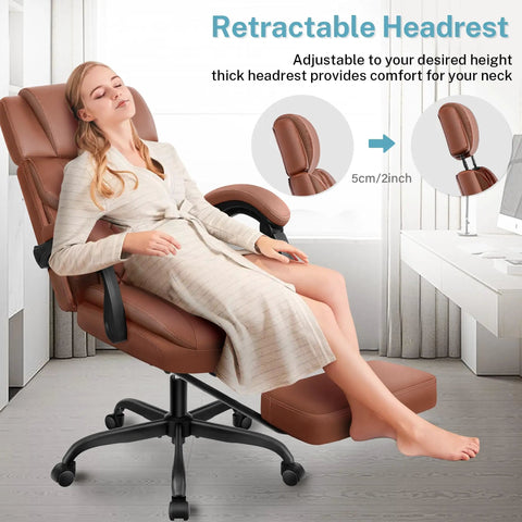 Woman relaxing on built for big and tall folks leather office chair with footrest and adjustable headrest