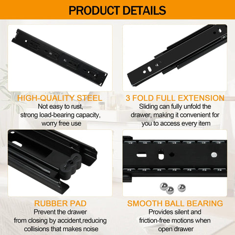 2 Pairs Of Ten Inch Heavy Duty Drawer Slides With 3 Section Full Extension Ball Bearing Side Mount For Dresser Cabinet And Kitchen Soft Close Quiet Glide 100 Lb Capacity black steel