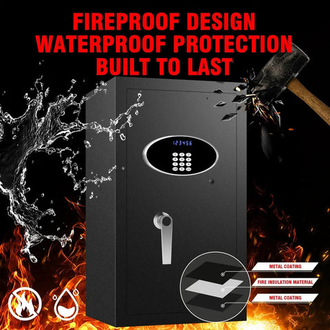 Heavy Duty 10 Cu Ft Home Safe Box With Digital Keypad And Key Lock, fireproof waterproof, steel, hammer impact visualization.
