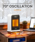 Cozy Up Quick Heat Space Heater With Dual 1500 And 900W Power placed on a desk with LED display showing 95 degrees and 70° oscillation