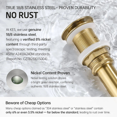 Pop Up Sink Drain Stopper Without Overflow For Bathroom Vessel Sink, Brushed Gold Finish, all metal brass and stainless steel