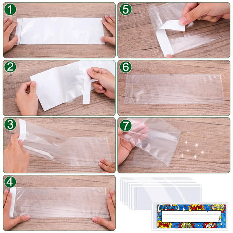 Step-by-step application of Upgraded Transparent Nameplate Pockets with Self Adhesive Back 12.4 by 4.5 inch on desk