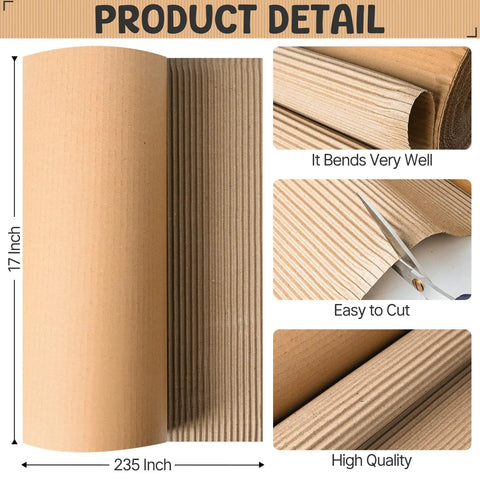 Beefy 17 Inch Wide Corrugated Cardboard Roll, 235 Inch Long, showing flexibility, cutability, and high quality texture details