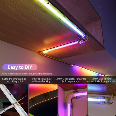 Dotless RGB LED Strip Lights With Smart IC Addressable COB Tape 16.4ft installed under cabinet, showing color changing feature