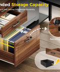 61 Inch L Shaped Desk With Wood Drawers And Lockable File Cabinet Reversible 21.7 Inch Deep Corner Computer Desk With Built In Power Outlets Walnut Finish Boss Home Office Executive Desk showing open wood drawers and lockable file cabinet.
