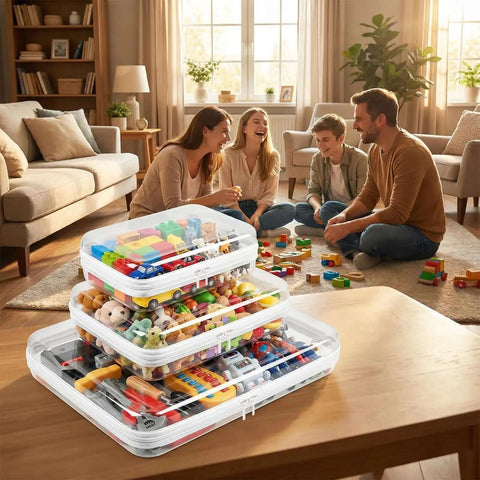 Sleek Badass Clear Hard Shell Zipper Storage Cases 3 Pack with toys, used as versatile organizers in a cozy living room.