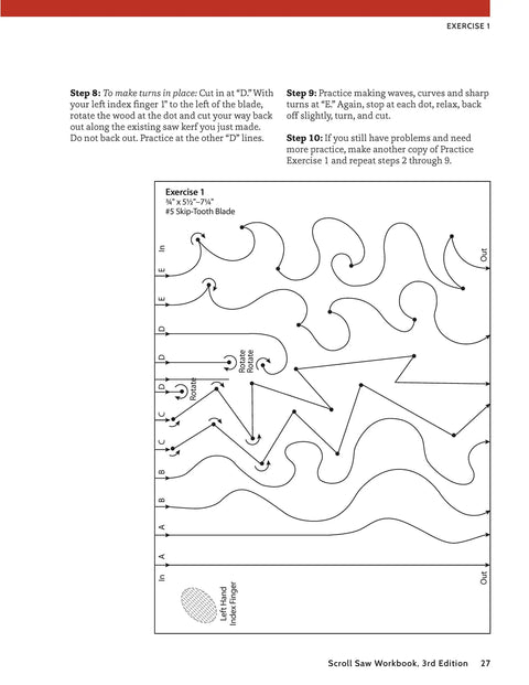 Scroll Saw Workbook Third Edition Top Shelf Beginner Guide image showing Exercise 1 with cutting patterns and instructions.