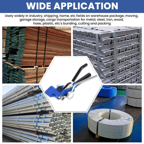 Tough Workhorse Steel Banding Tool And Ratchet Strapping Tensioner For Three Quarter Inch Stainless Strap With Auto Crimper And Cutter Ergonomic Grip No Sweat Operation Built To Last used on packages and metal pipes.