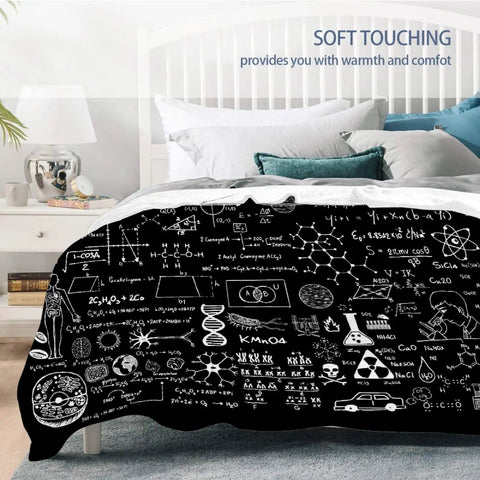 Chalkboard Math And Physics Equations Blanket For Couch And Bed Ultra Soft Flannel Throw Lightweight Cozy Plush A Chill Movie Night Or Nap Companion Gift For Teens On Birthday Thanksgiving Christmas 60x50 draped over bed
