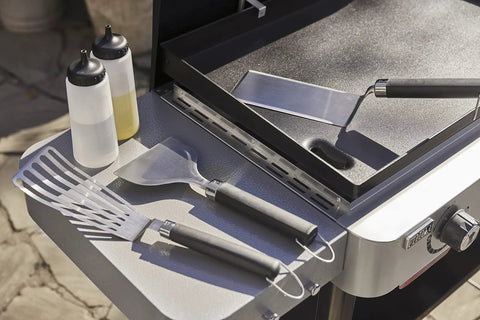 Griddle Essential 5 Piece Tool Set With Spatula Flexible Spatula Scraper And Two Squeeze Bottles On Griddle for Easy Cooking
