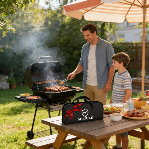 Father and son using 20 Piece Grilling Accessories Set For Outdoor Barbecue With Apron And Carry Bag; grill and tools visible