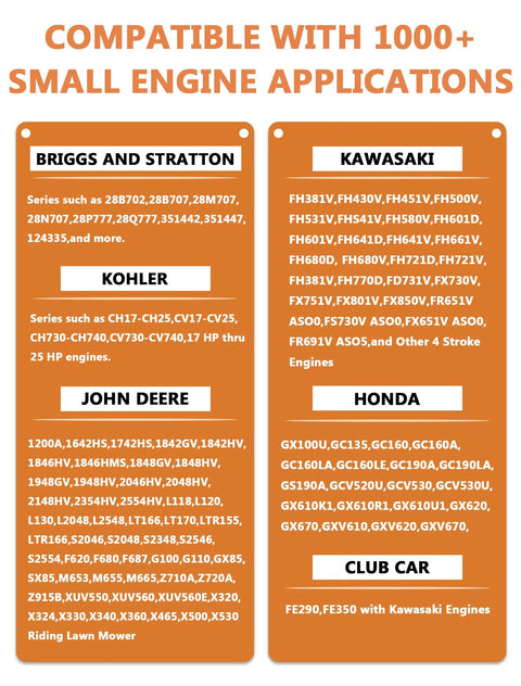 Compatibility list for Plug And Play Vacuum Fuel Pump With Filter And Oil Hose For Kohler Briggs And Stratton Mikuni Engines