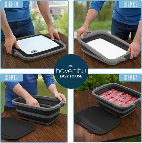 8L Collapsible BBQ Prep Tub With Locking Lid Multifunction Camping Cutting Board And Meat Storage Dish Basin in use