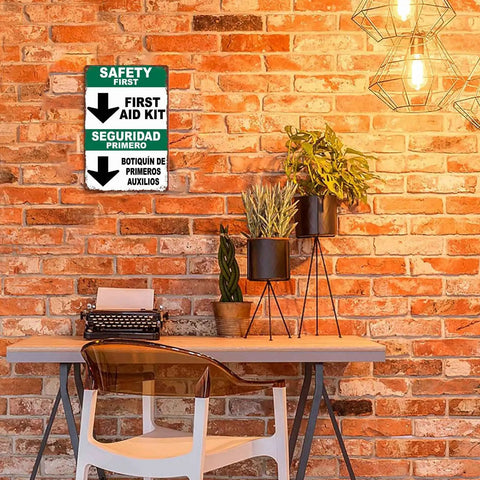 Funny First Aid Kit Metal Sign 8x12 Aluminum Wall Decor for Office Garage Workshop Warehouse on brick wall above desk