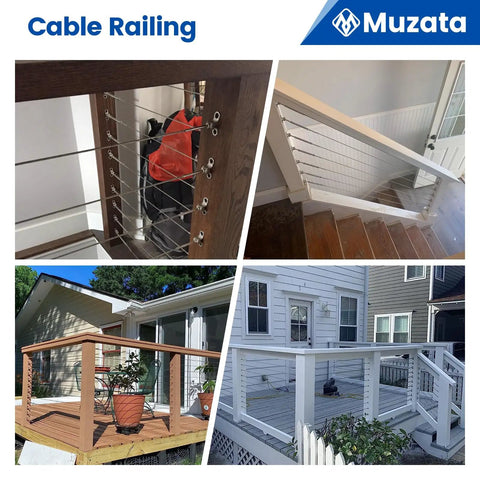 Cable Railing Hardware Kit With Swage Toggle Turnbuckles For Wood Posts, Twelve Pairs One Eighth Inch Wire Rope shown on decks