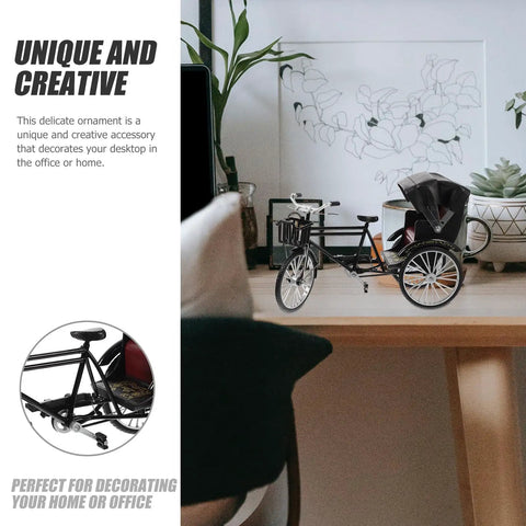 Absolutely Sweet Mini Motorcycle And Vintage Rickshaw Cake Topper With Detailed Metal Alloy Body on a desk with plants.