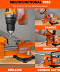 Four And A Half Inch Bench Vise With 240 Degree Swivel Base And Anvil, Built Tough Cast Iron Heavy Duty Vise in use for drilling