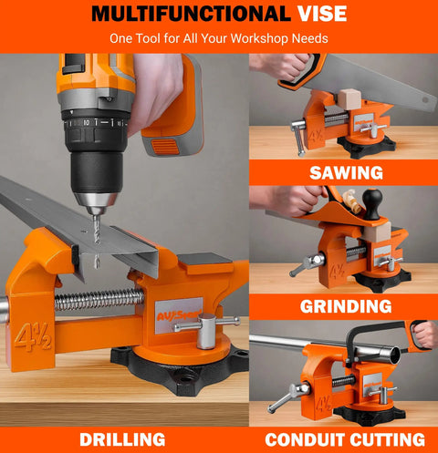 Four And A Half Inch Bench Vise With 240 Degree Swivel Base And Anvil, Built Tough Cast Iron Heavy Duty Vise in use for drilling