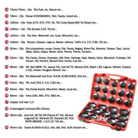 Mercedes BMW VW Audi Volvo Ford 30 Piece Cup Type Oil Filter Wrench Set in Red Case with Labeled Fluted Cups