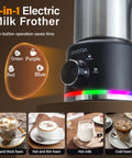 4 In 1 Milk Frother And Steamer 500ml Stainless Steel Electric Foam Maker With Hot Thick Foam Hot Thin Foam Hot Milk Or Cold Foam Barista Grade At Home For Lattes And Cappuccinos Easy Dial Controls And LED Indicators, black