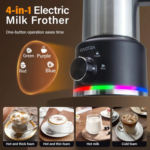 4 In 1 Milk Frother And Steamer 500ml Stainless Steel Electric Foam Maker With Hot Thick Foam Hot Thin Foam Hot Milk Or Cold Foam Barista Grade At Home For Lattes And Cappuccinos Easy Dial Controls And LED Indicators, black